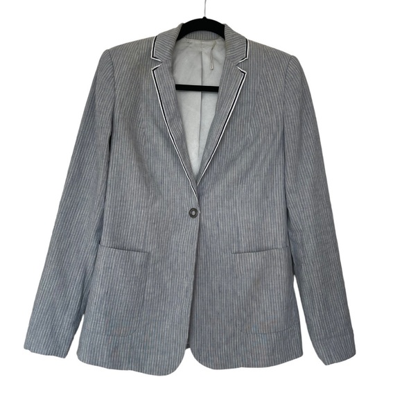 T Tahari Light Blue Linen Blend Pinstriped Blazer w Navy & White Trim - Size 4 - Picture 1 of 13